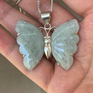 Jadeite jade butterfly 925 silver pendant chain